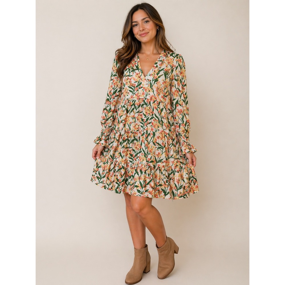 Pomander Place Floral Tiered Mini Dress V-Neck Smocked Cuff XXS Y23496OODT
